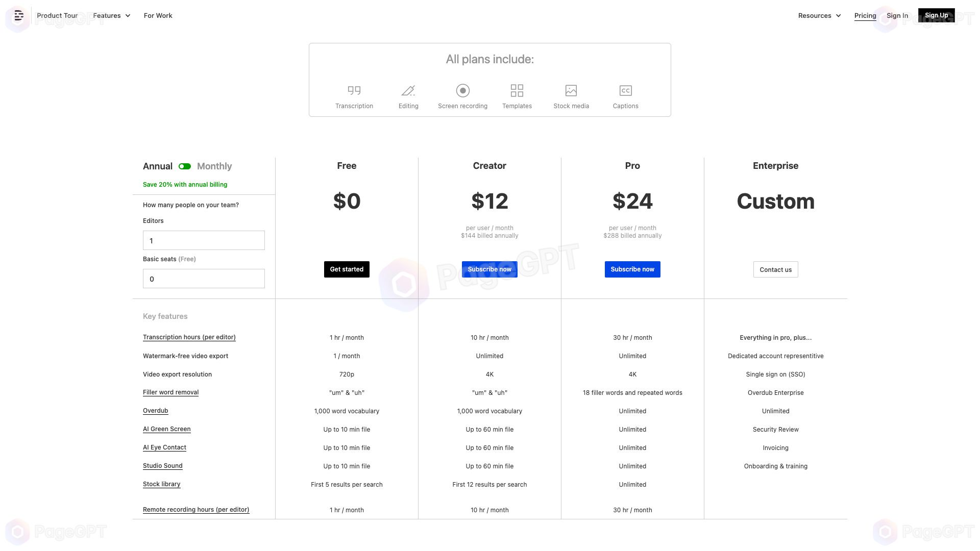 Descript screenshot Pricing