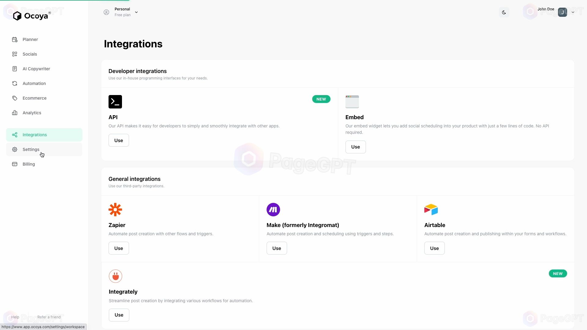 Ocoya screenshot Integrations