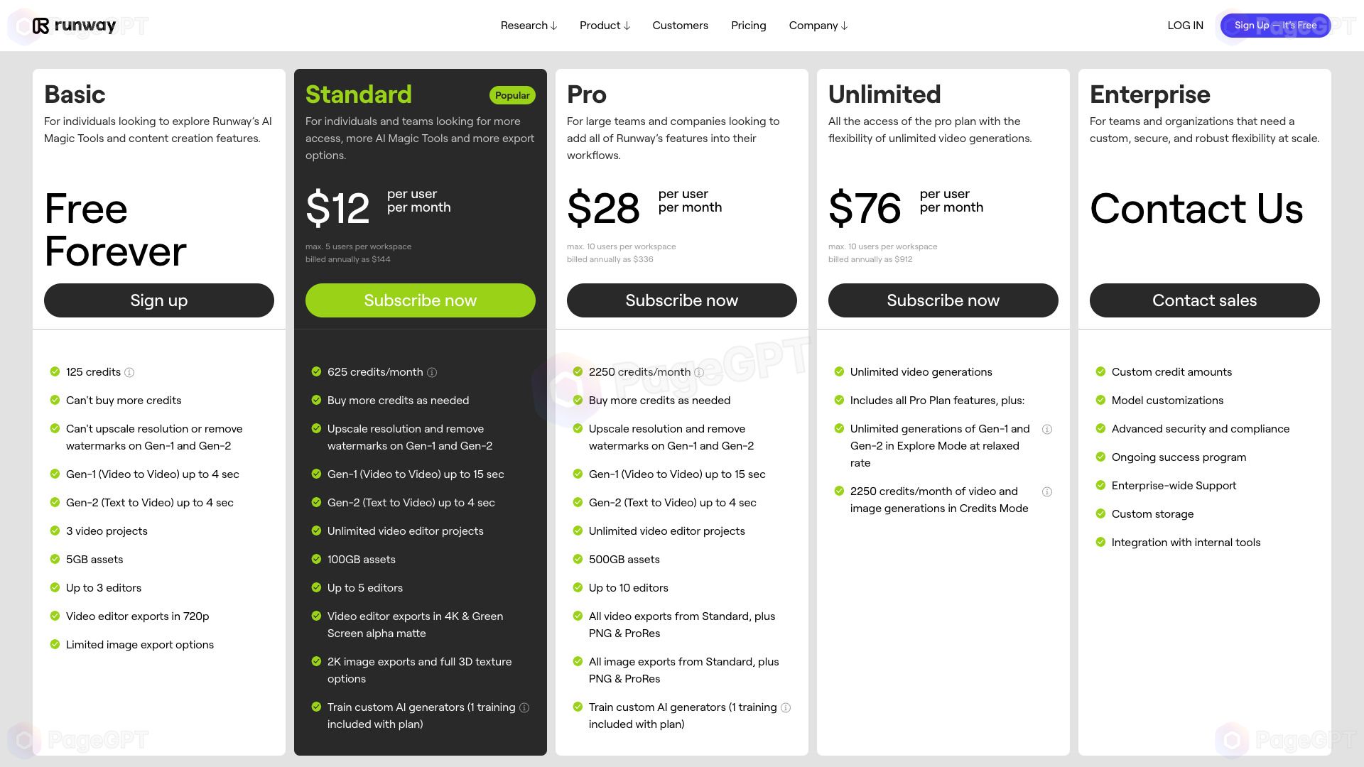 Runway screenshot Pricing