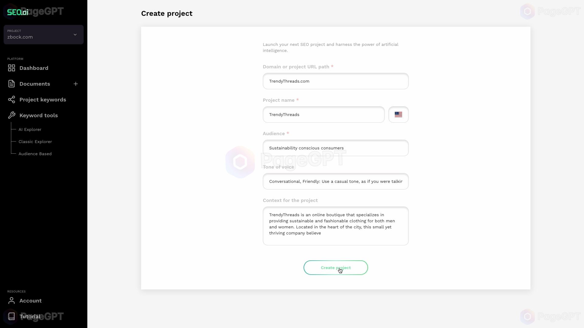 SEO.ai screenshot Create Project 2