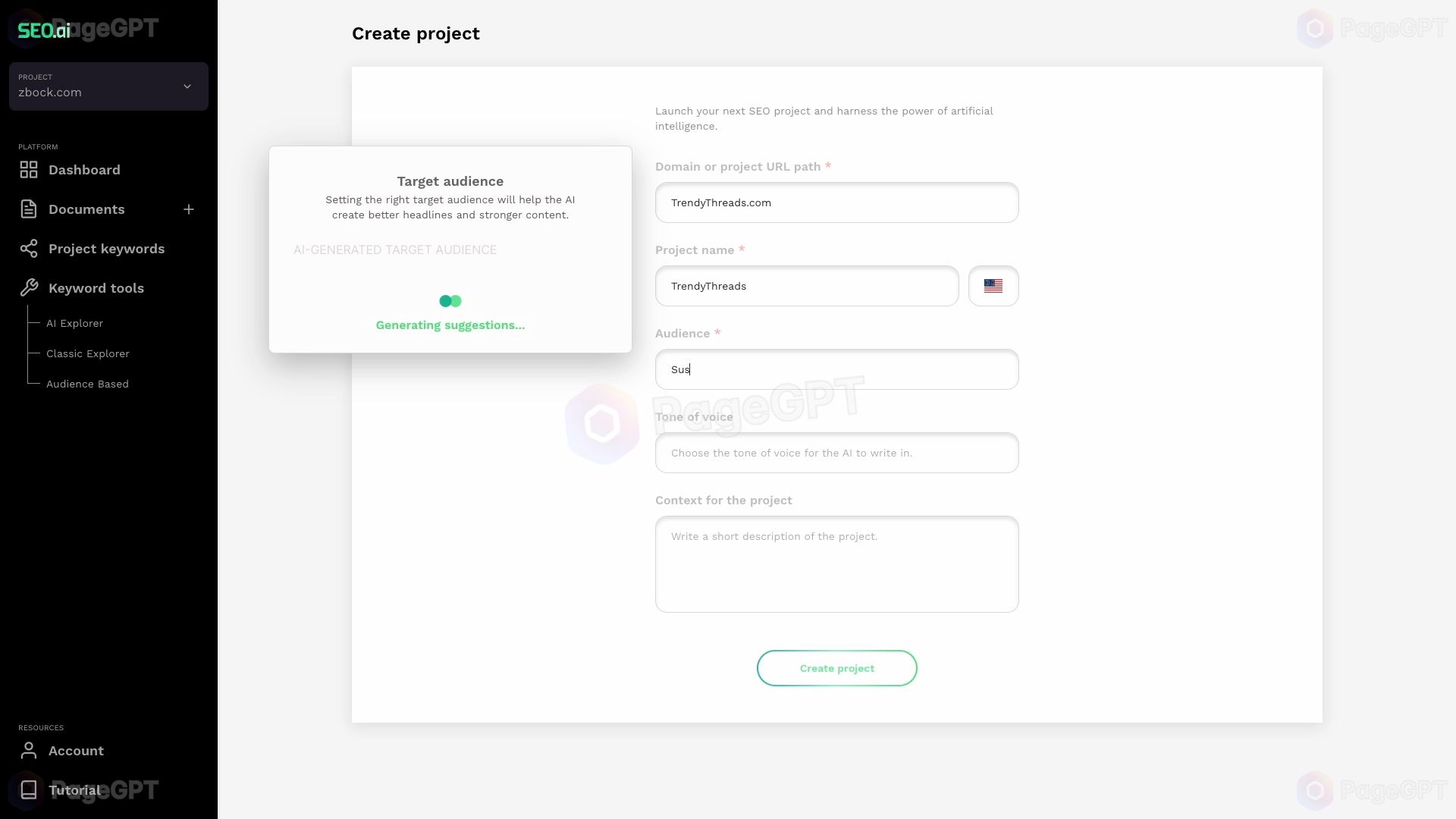 SEO.ai screenshot Create Project