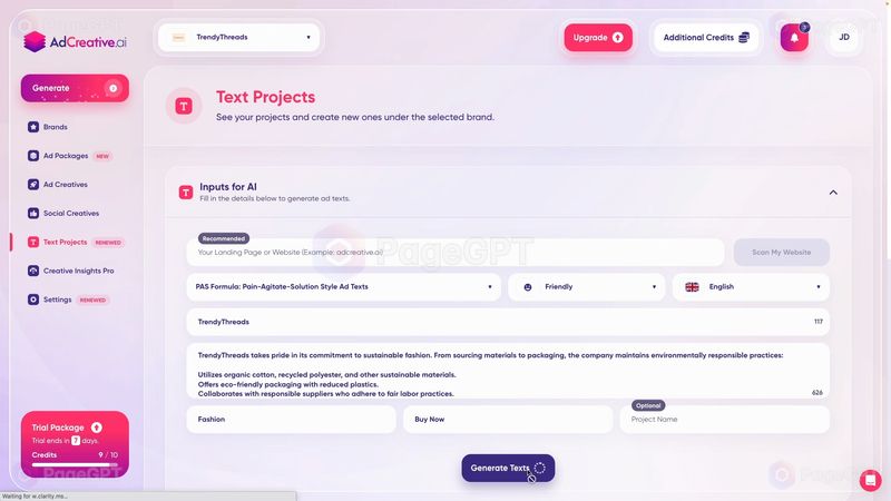 AdCreative screenshot Generate Texts