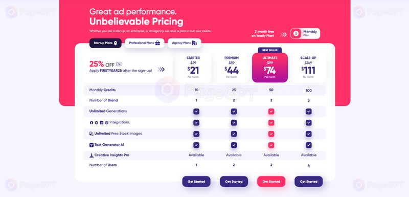 AdCreative screenshot Pricing