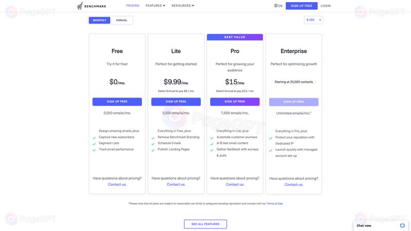 BenchmarkEmail screenshot Pricing