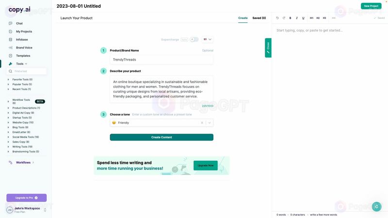 Copy.ai screenshot Product Launch Details